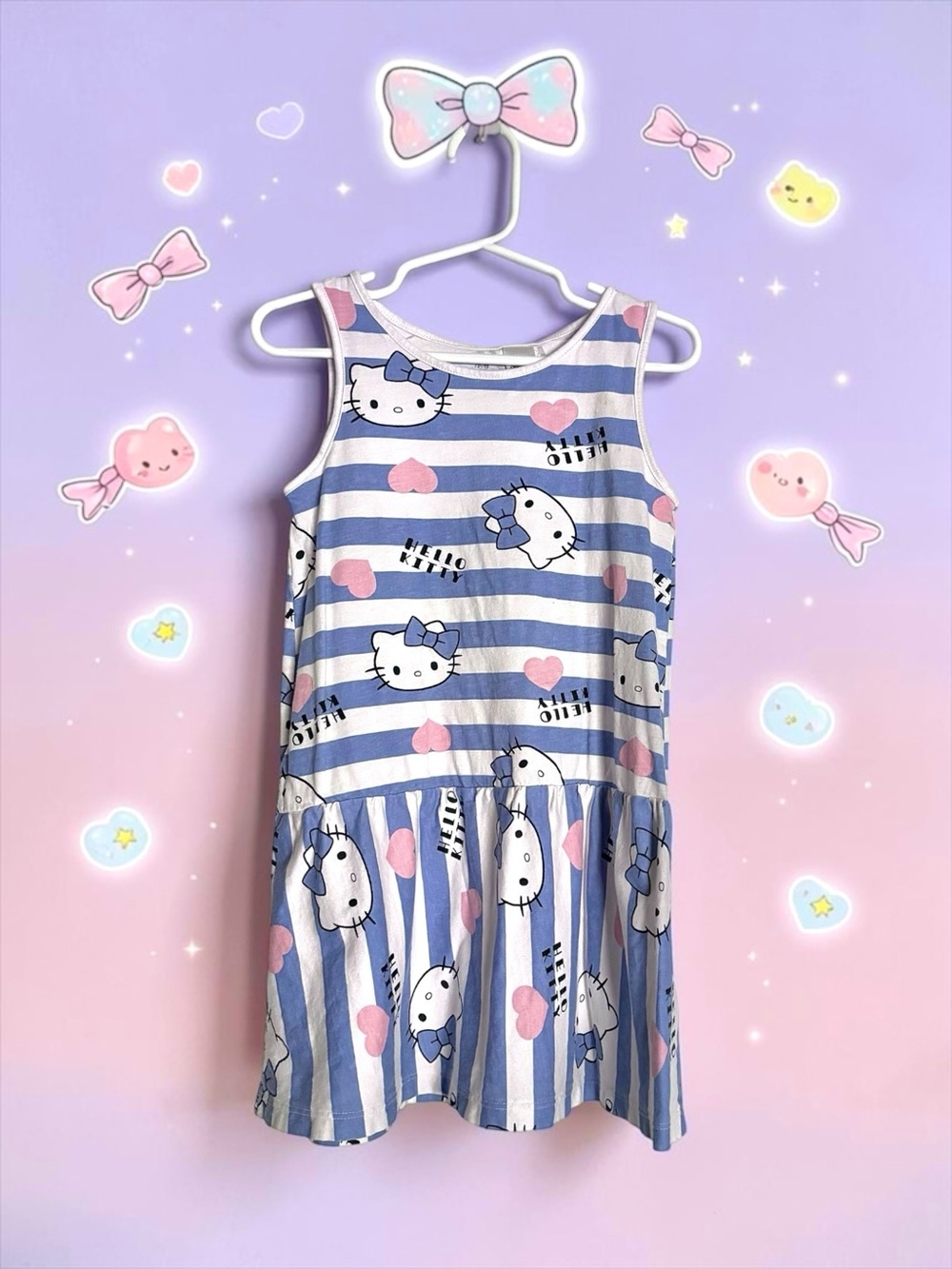 H&M x Hello Kitty Girls Dress Blue‑Pink Striped Sleeveless 5–6Y EUC